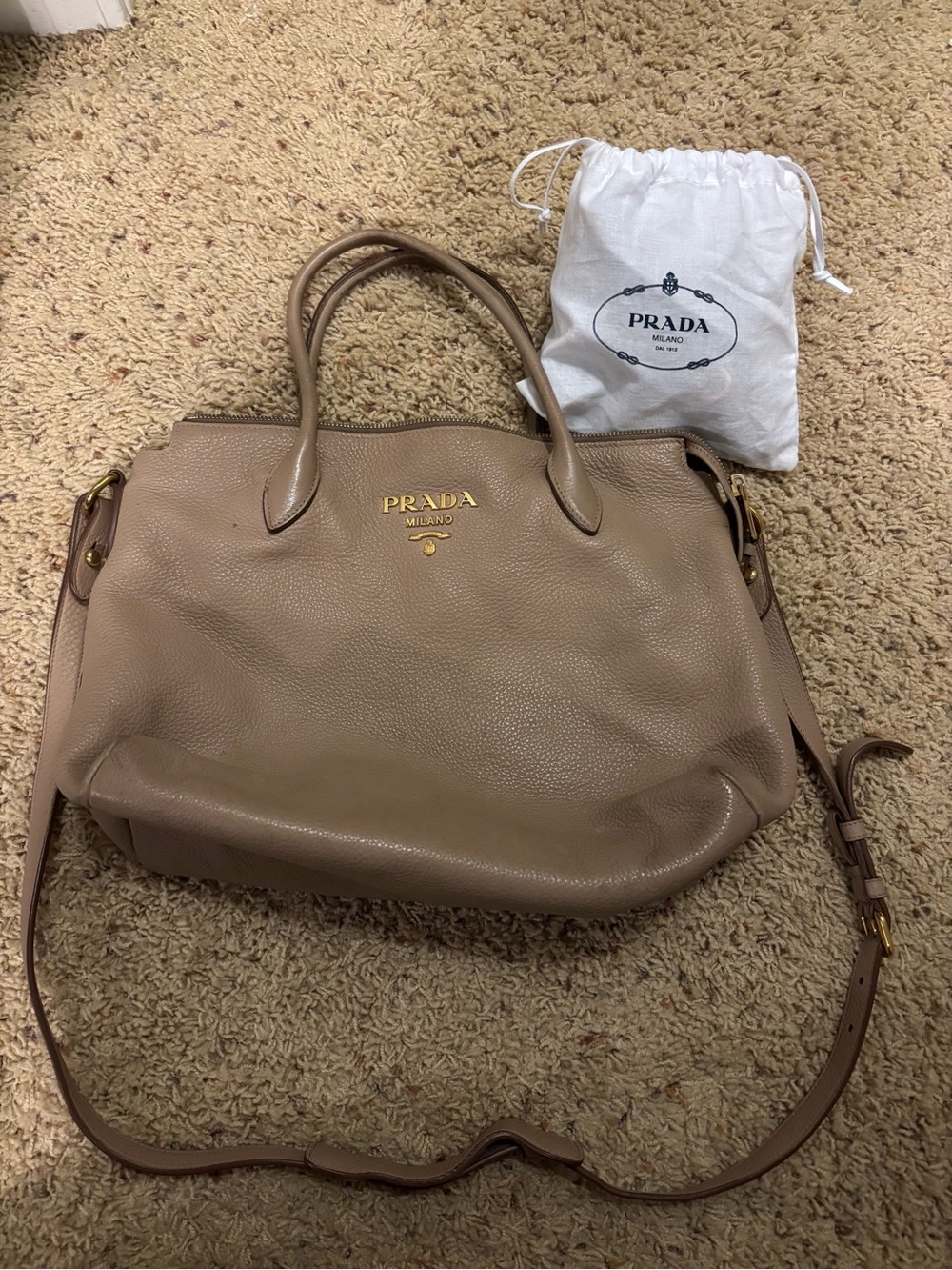 Prada Beige/Taupe Leather Crossbody Top-Handle Bag with Striped Strap